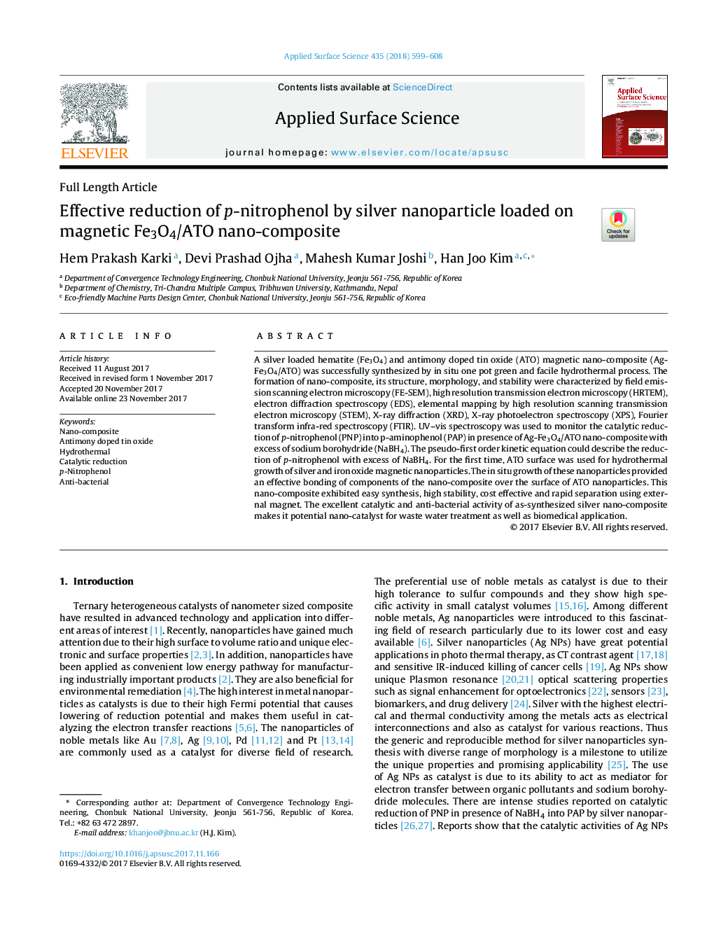 Effective reduction of p-nitrophenol by silver nanoparticle loaded on magnetic Fe3O4/ATO nano-composite