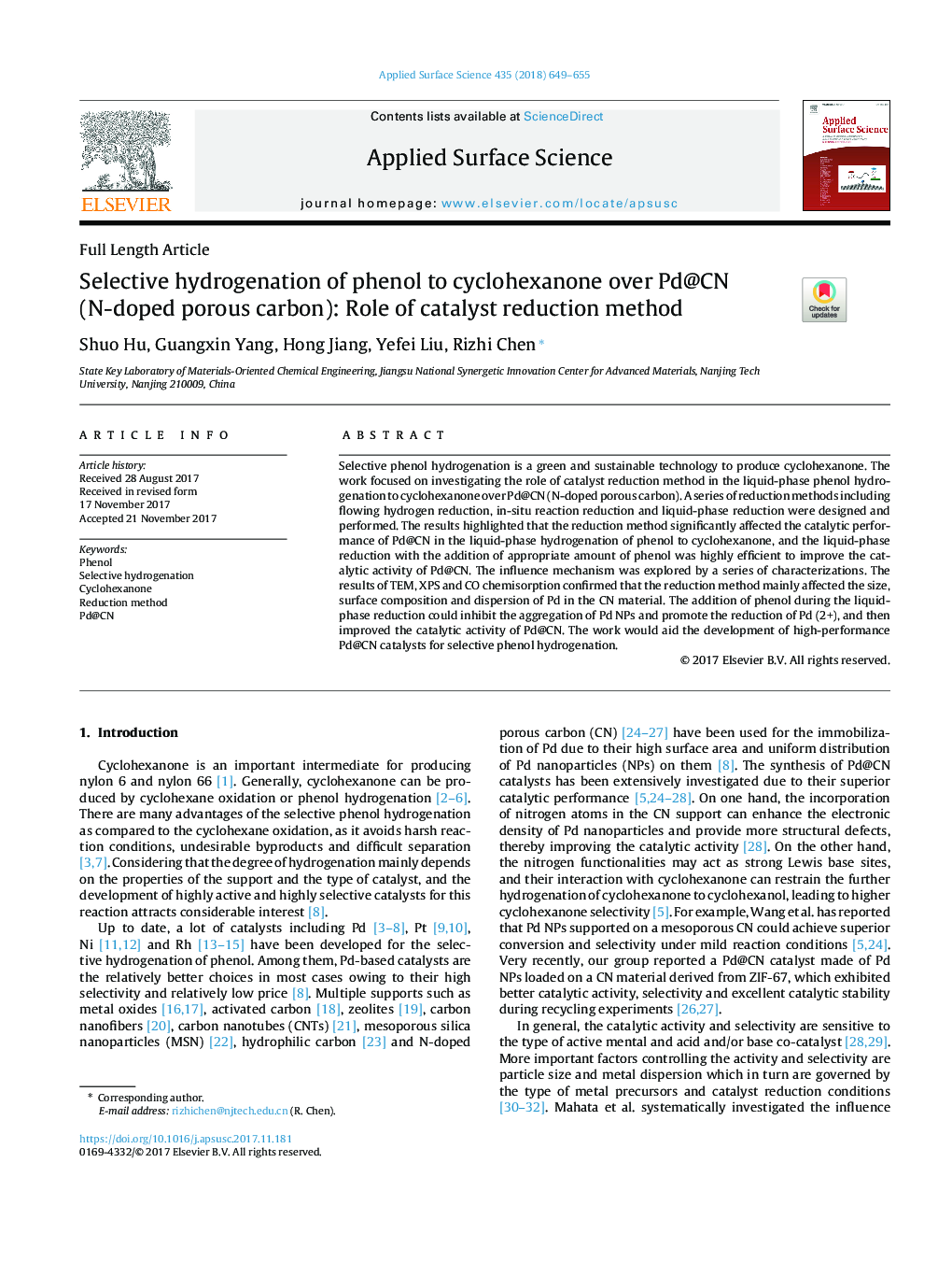 Selective hydrogenation of phenol to cyclohexanone over Pd@CN (N-doped porous carbon): Role of catalyst reduction method