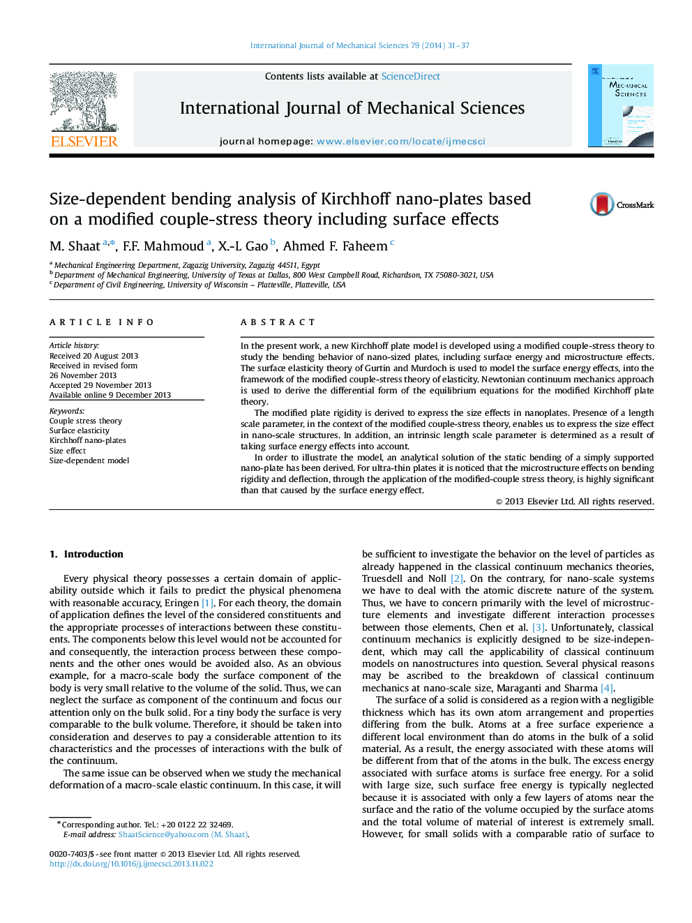 عکس صفحه اول مقاله: Size-dependent bending analysis of Kirchhoff nano-plates based on a modified couple-stress theory including surface effects Size-dependent bending analysis of Kirchhoff nano-plates based on a modified couple-stress theory including surface effects