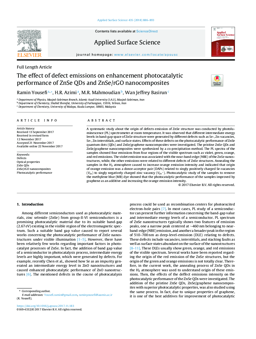 The effect of defect emissions on enhancement photocatalytic performance of ZnSe QDs and ZnSe/rGO nanocomposites