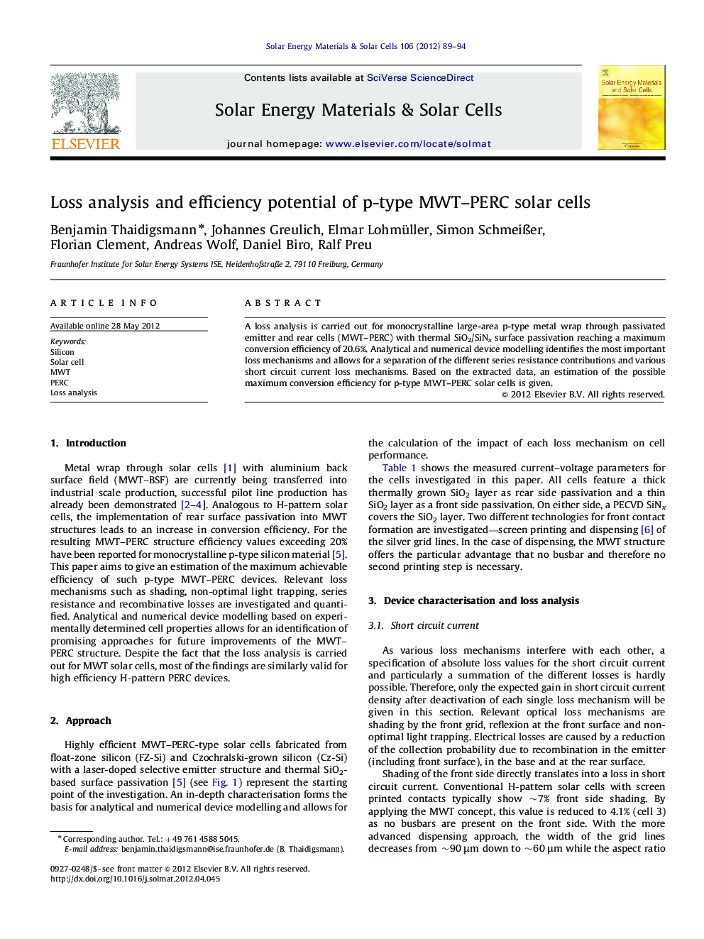 Loss analysis and efficiency potential of p-type MWT–PERC solar cells