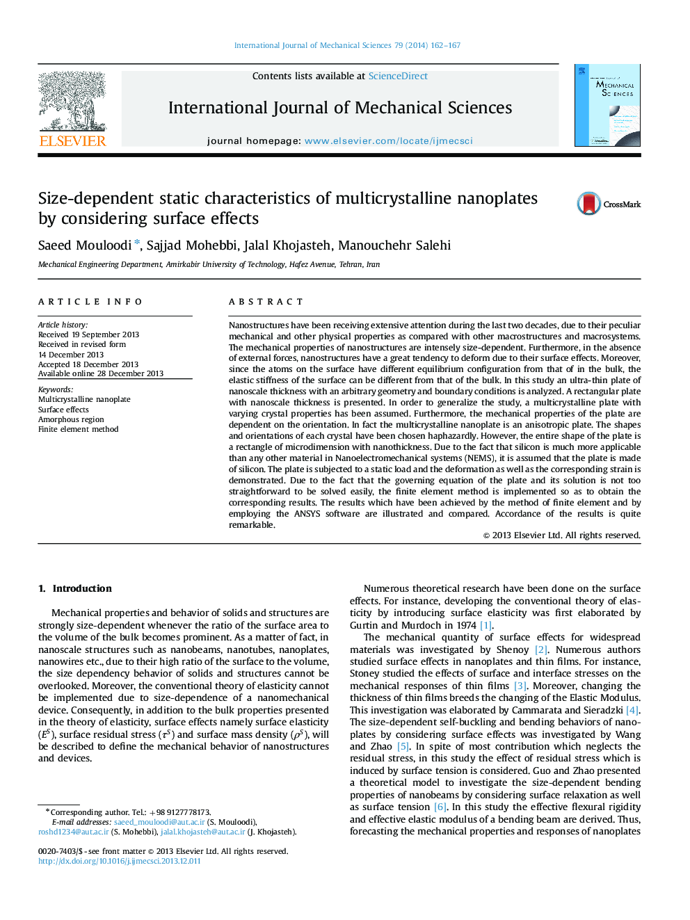 Size-dependent static characteristics of multicrystalline nanoplates by considering surface effects