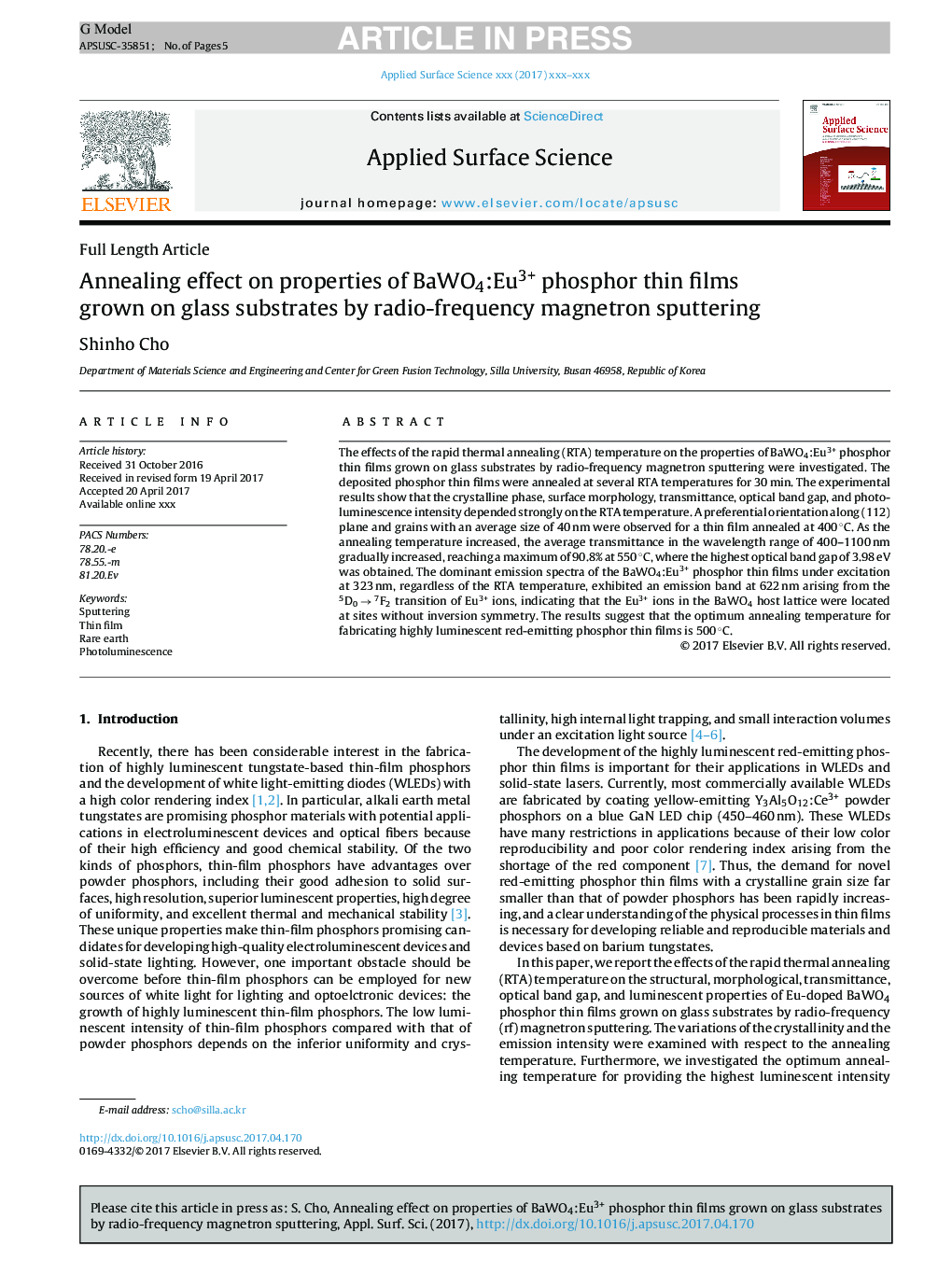 Annealing effect on properties of BaWO4:Eu3+ phosphor thin films grown on glass substrates by radio-frequency magnetron sputtering