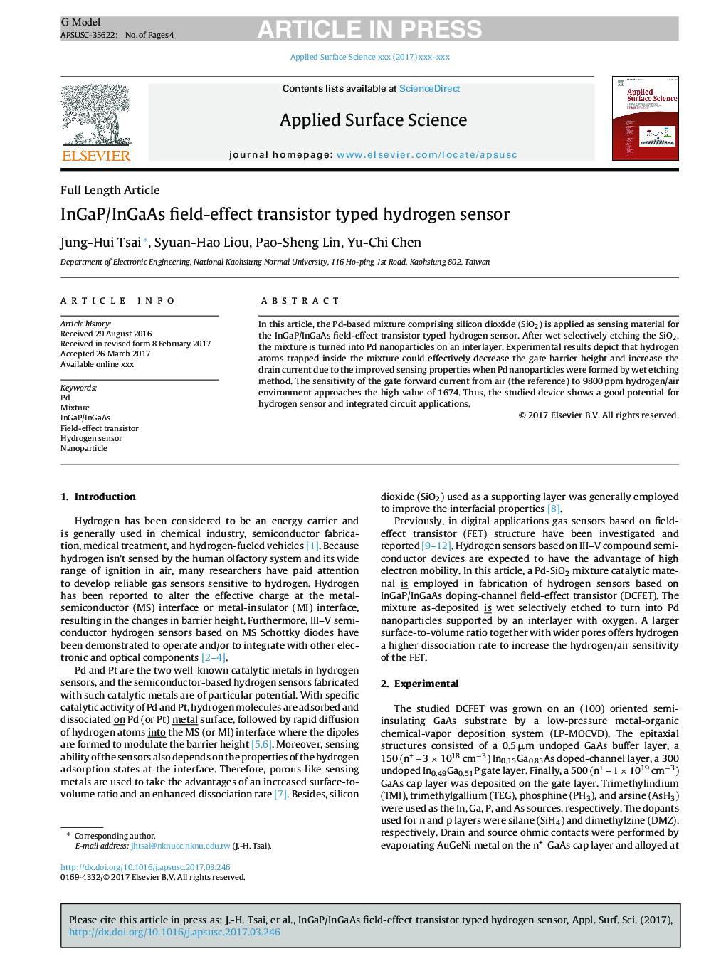 InGaP/InGaAs field-effect transistor typed hydrogen sensor