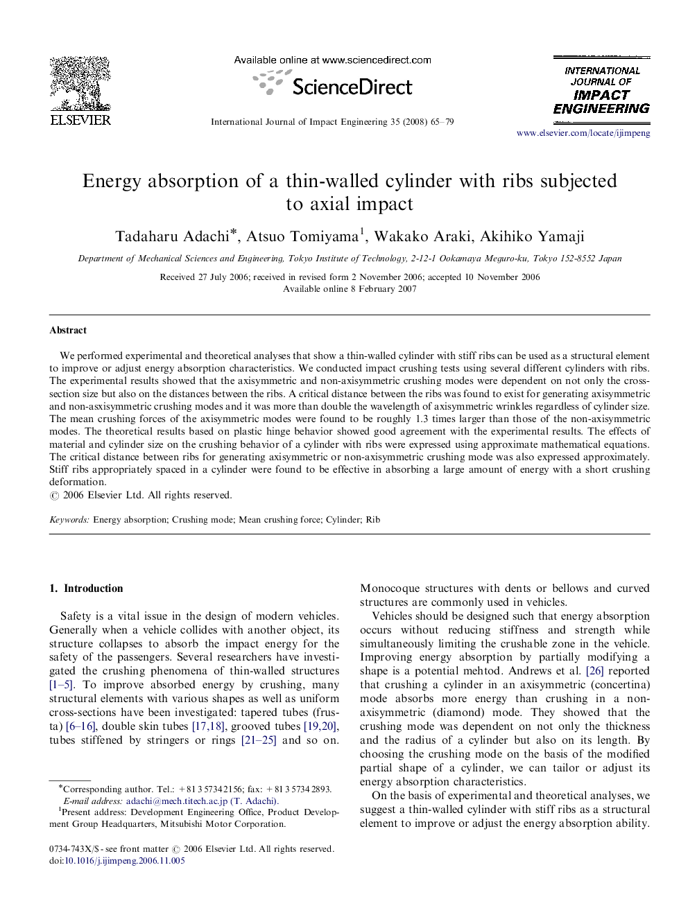 Energy absorption of a thin-walled cylinder with ribs subjected to axial impact