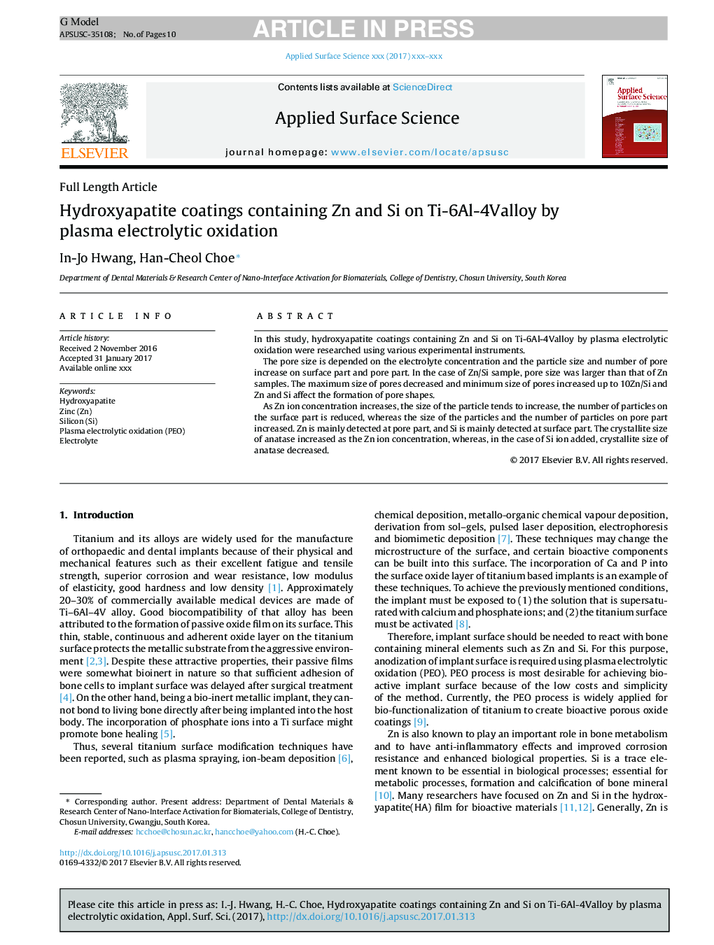 Hydroxyapatite coatings containing Zn and Si on Ti-6Al-4Valloy by plasma electrolytic oxidation