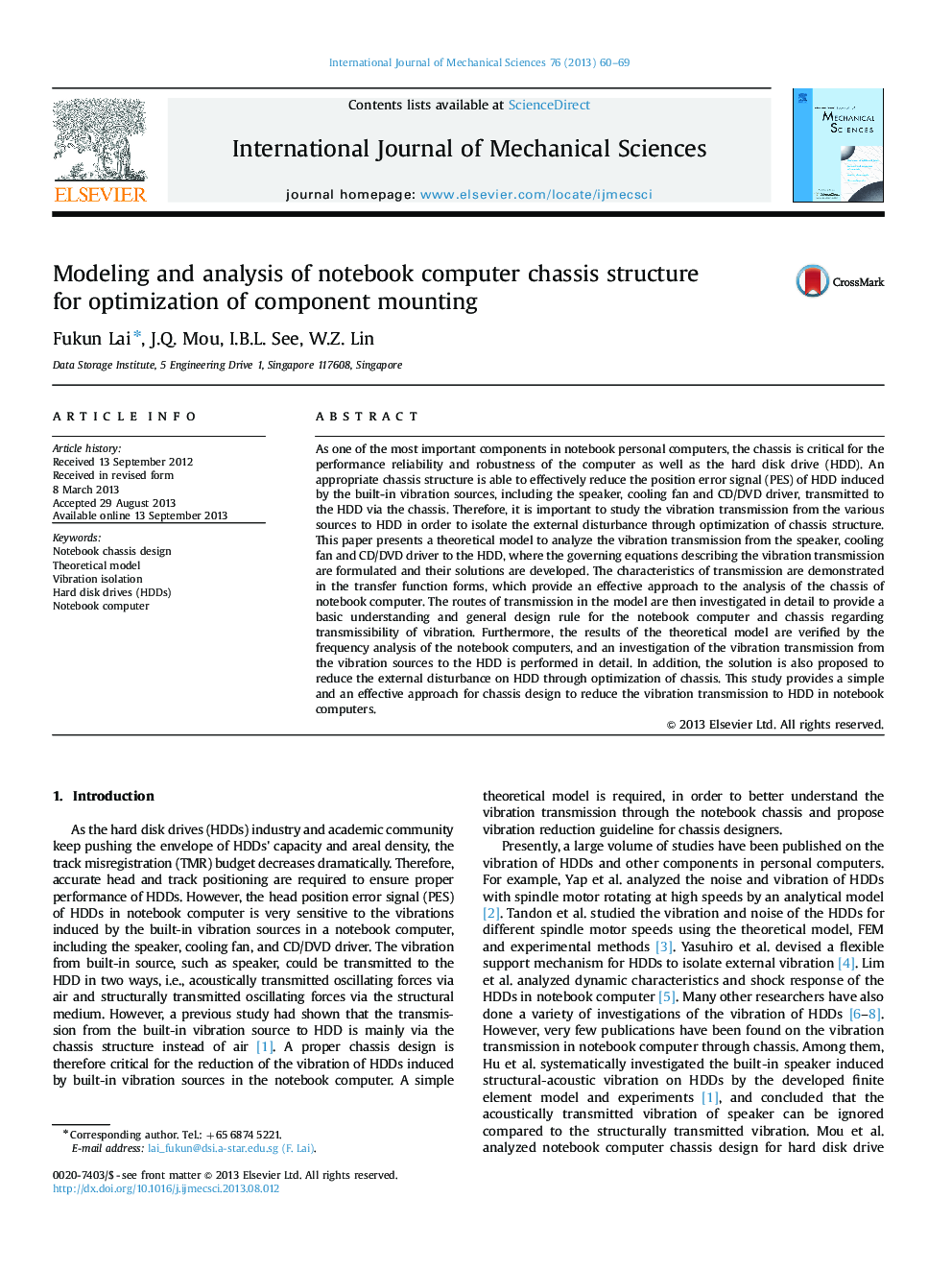 Modeling and analysis of notebook computer chassis structure for optimization of component mounting