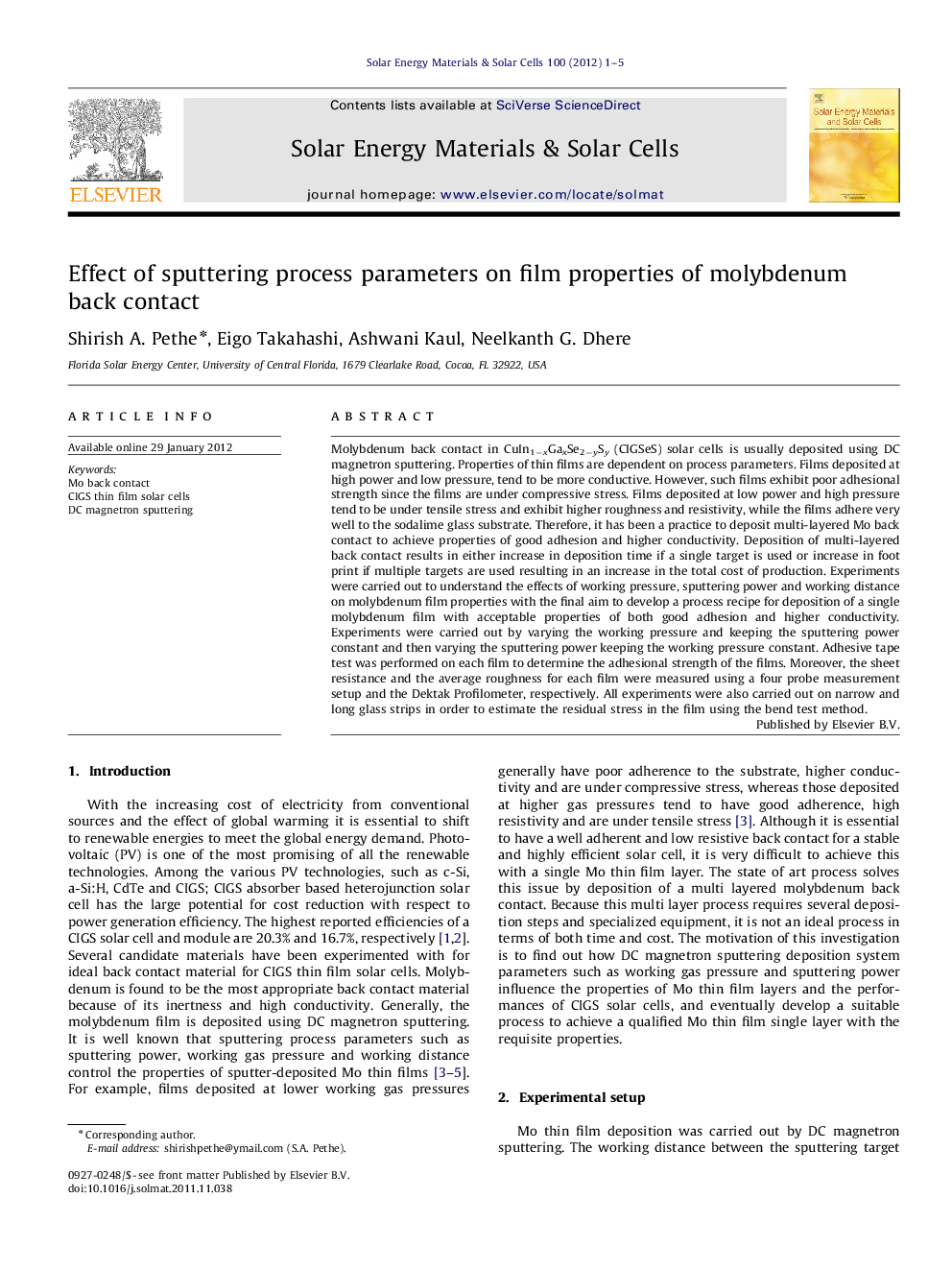 Effect of sputtering process parameters on film properties of molybdenum back contact