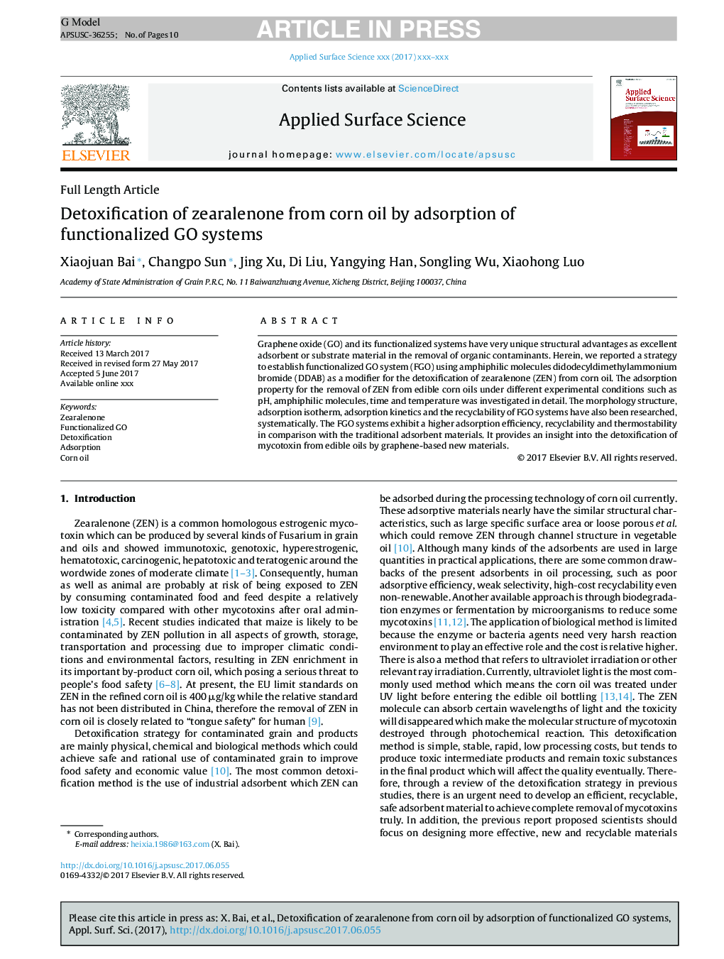 Detoxification of zearalenone from corn oil by adsorption of functionalized GO systems