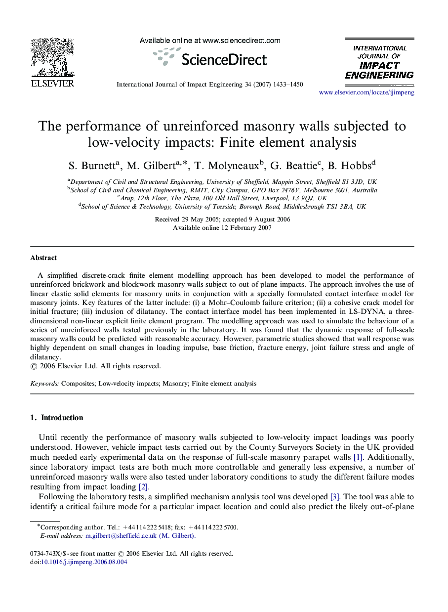 The performance of unreinforced masonry walls subjected to low-velocity impacts: Finite element analysis