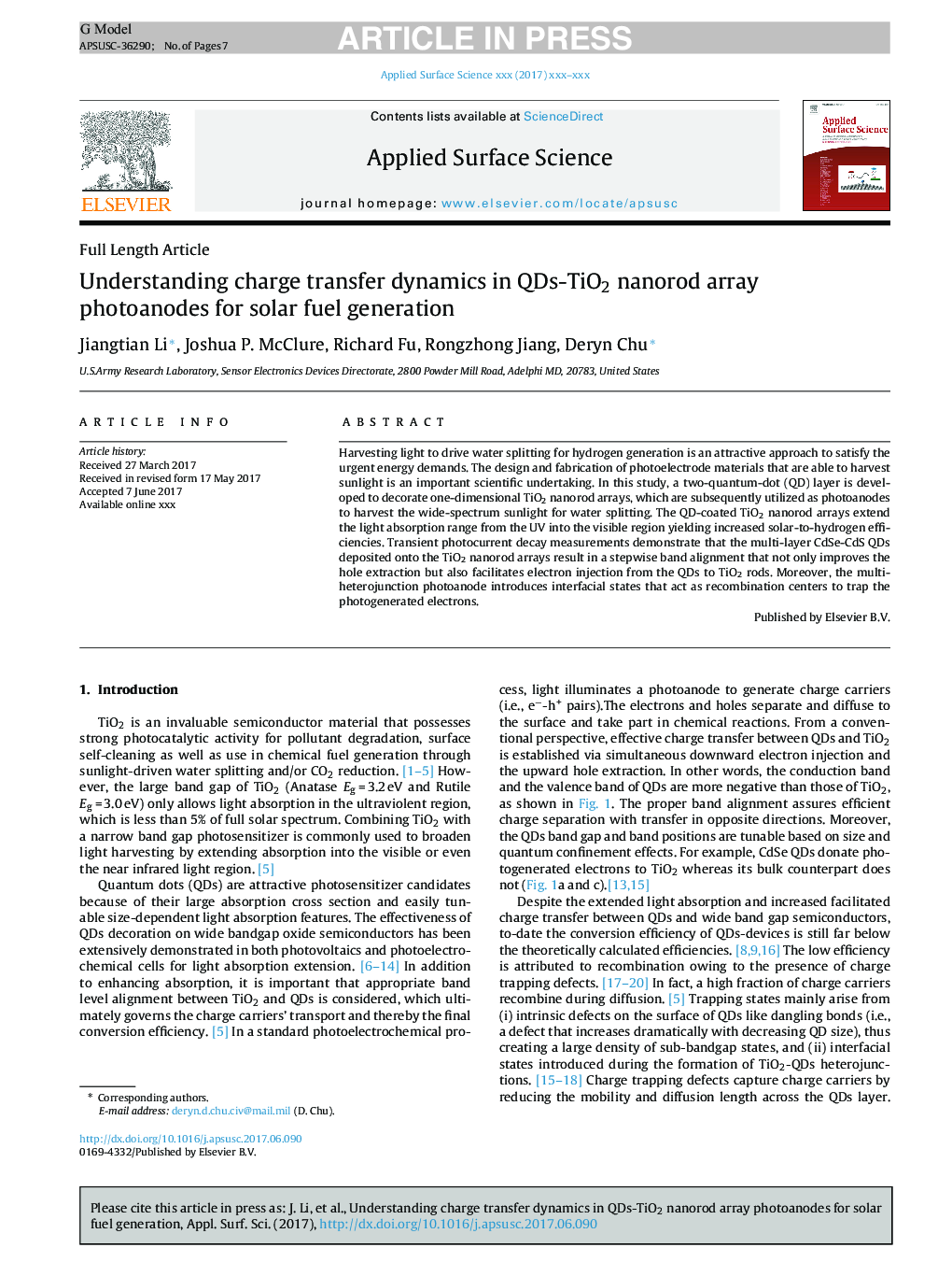 Understanding charge transfer dynamics in QDs-TiO2 nanorod array photoanodes for solar fuel generation