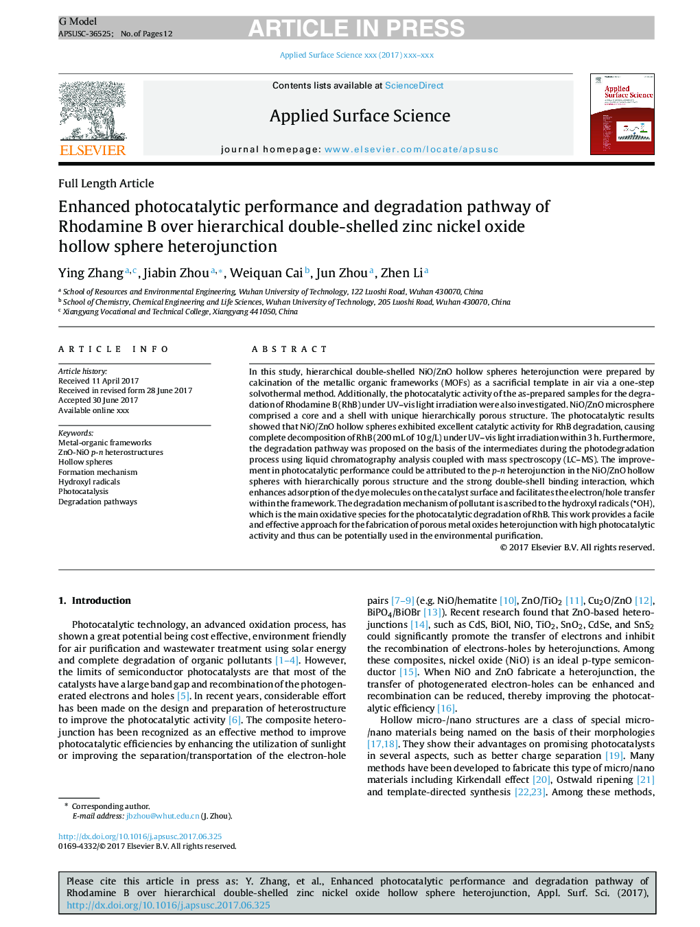 Enhanced photocatalytic performance and degradation pathway of Rhodamine B over hierarchical double-shelled zinc nickel oxide hollow sphere heterojunction