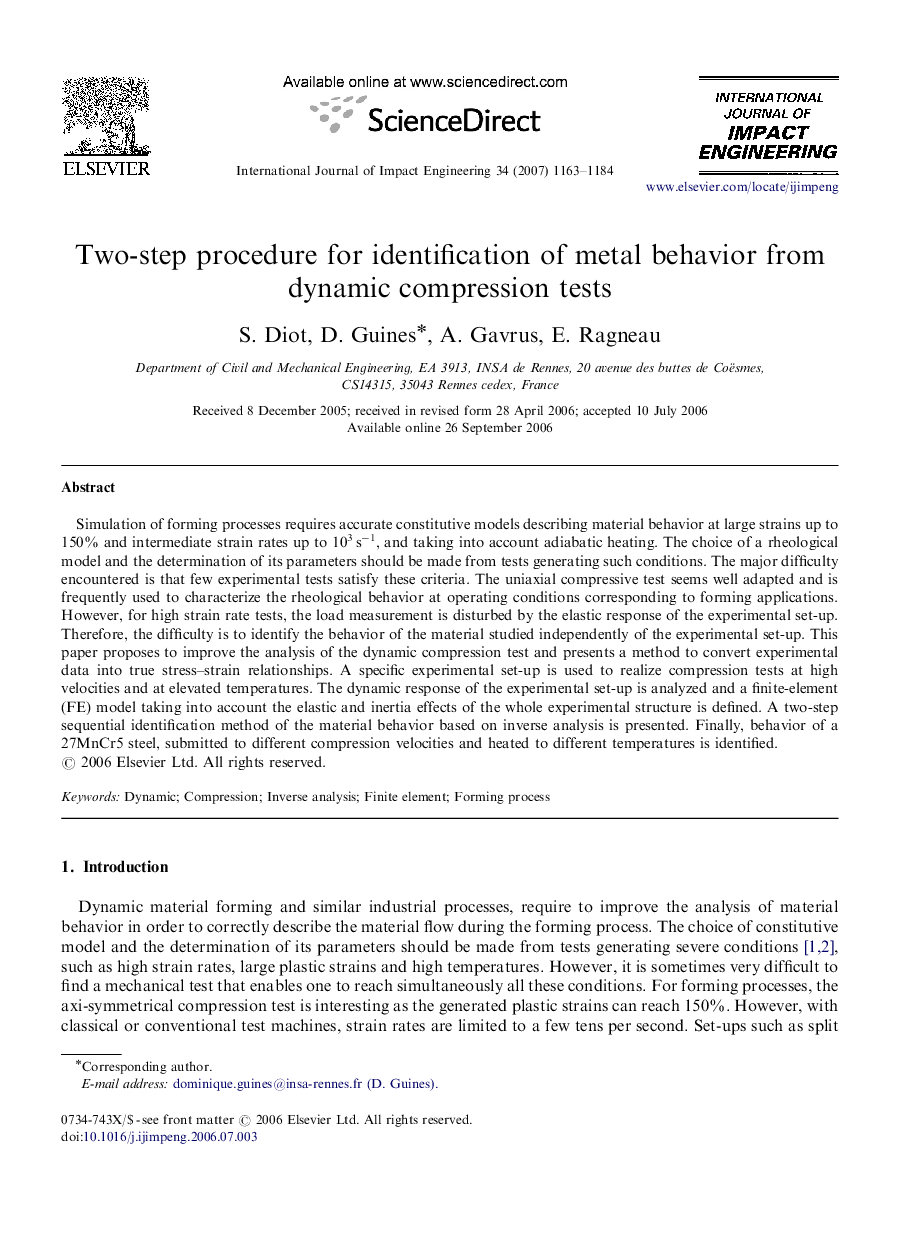 Two-step procedure for identification of metal behavior from dynamic compression tests