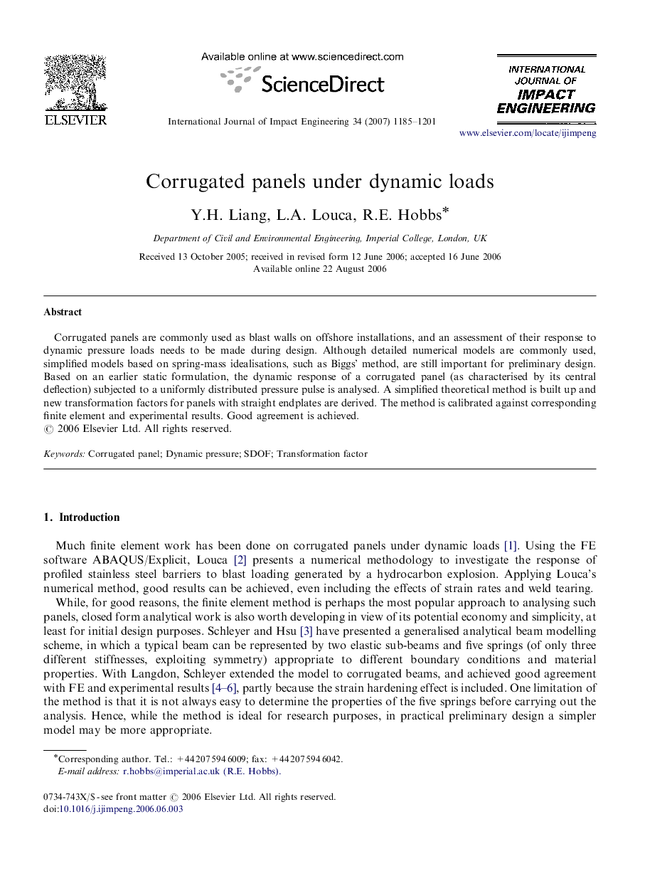 Corrugated panels under dynamic loads