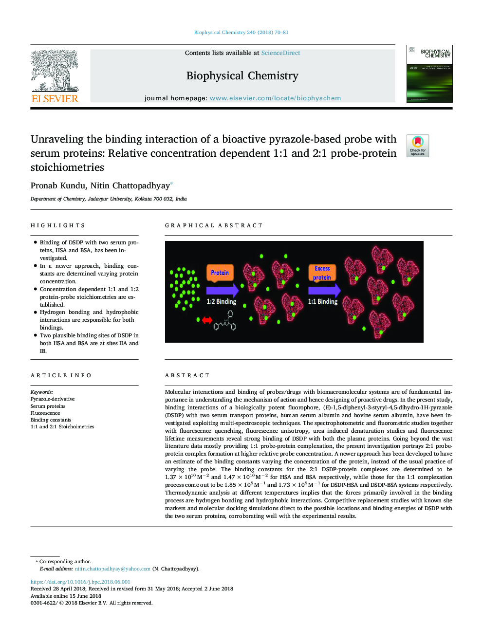 Unraveling the binding interaction of a bioactive pyrazole-based probe with serum proteins: Relative concentration dependent 1:1 and 2:1 probe-protein stoichiometries