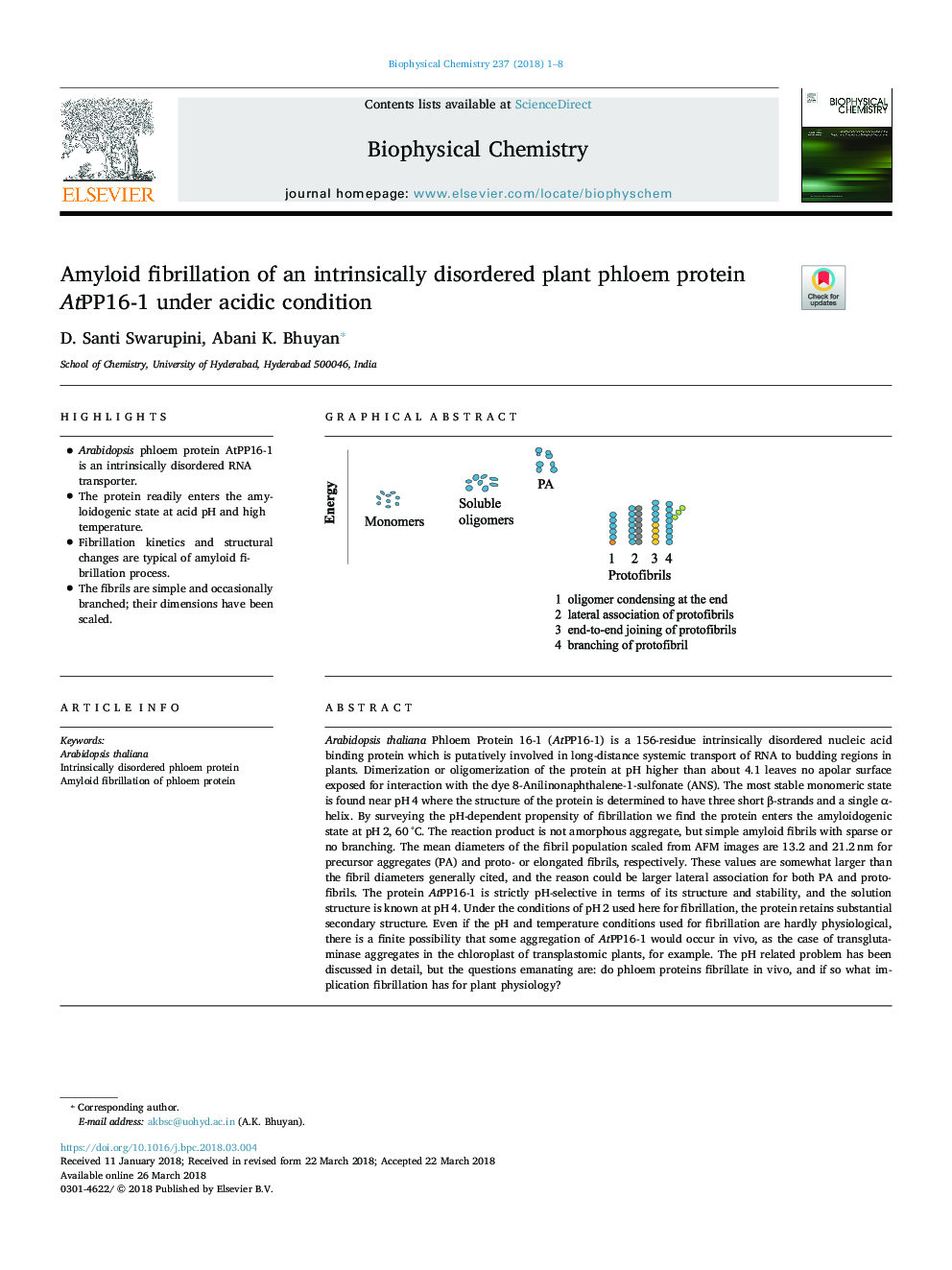 Amyloid fibrillation of an intrinsically disordered plant phloem protein AtPP16-1 under acidic condition