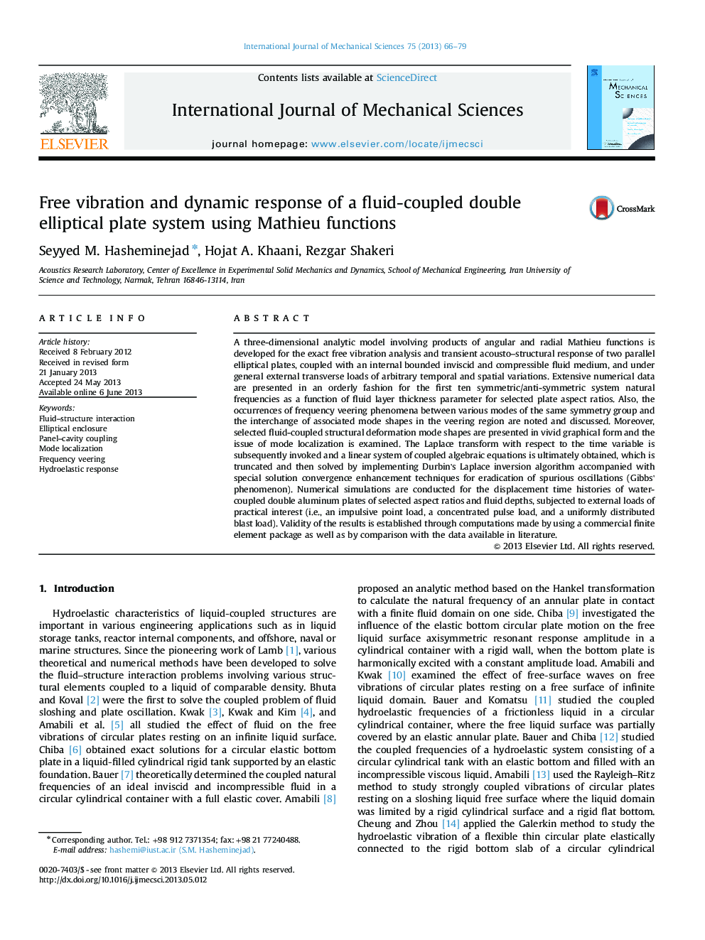 Free vibration and dynamic response of a fluid-coupled double elliptical plate system using Mathieu functions