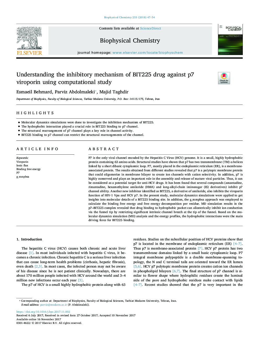 Understanding the inhibitory mechanism of BIT225 drug against p7 viroporin using computational study