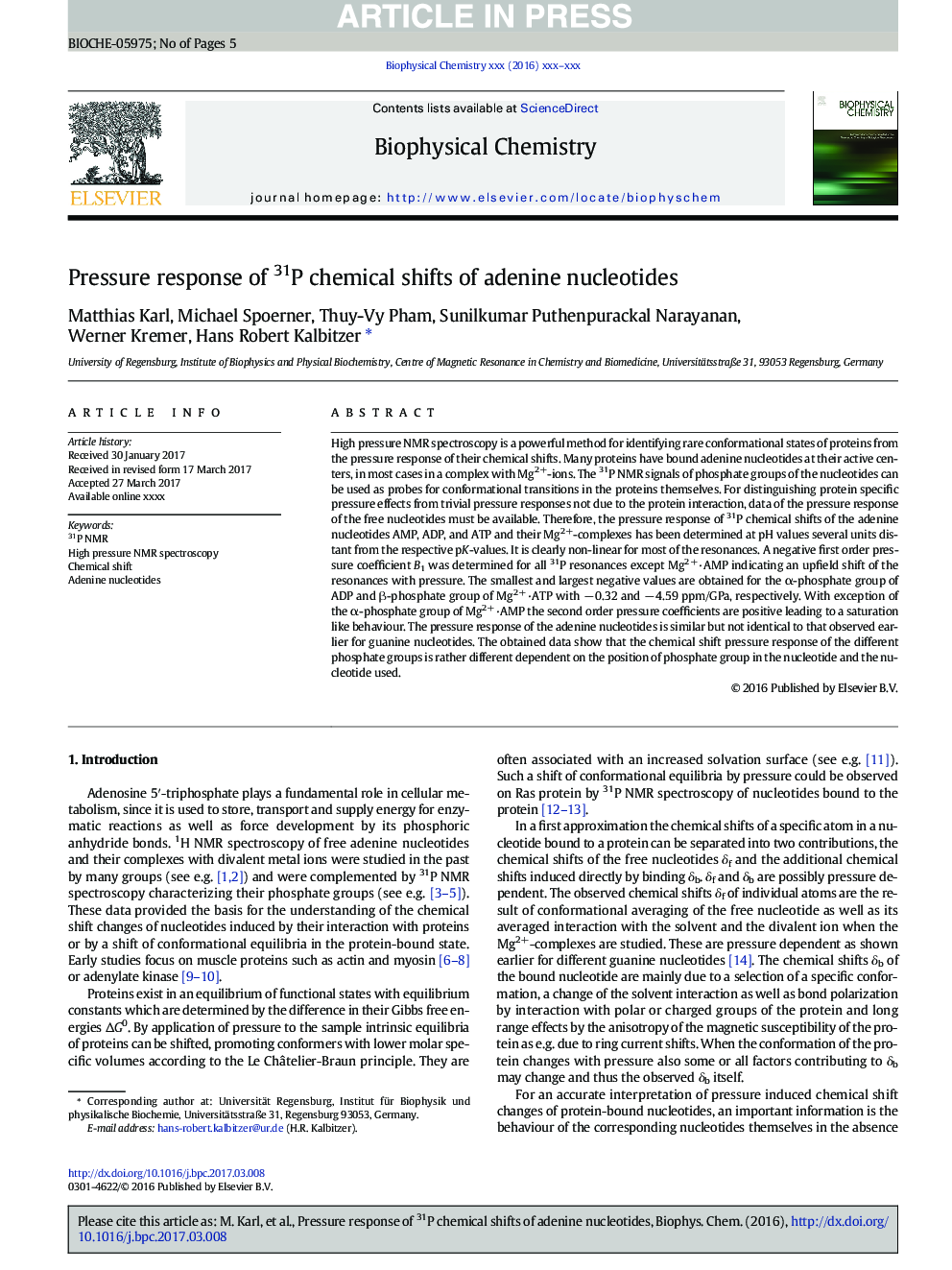 Pressure response of 31P chemical shifts of adenine nucleotides