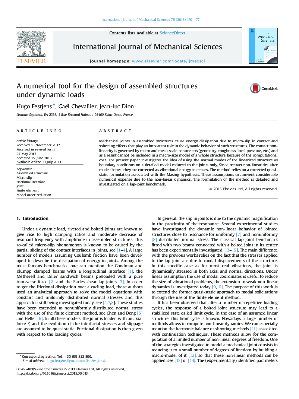 A numerical tool for the design of assembled structures under dynamic loads