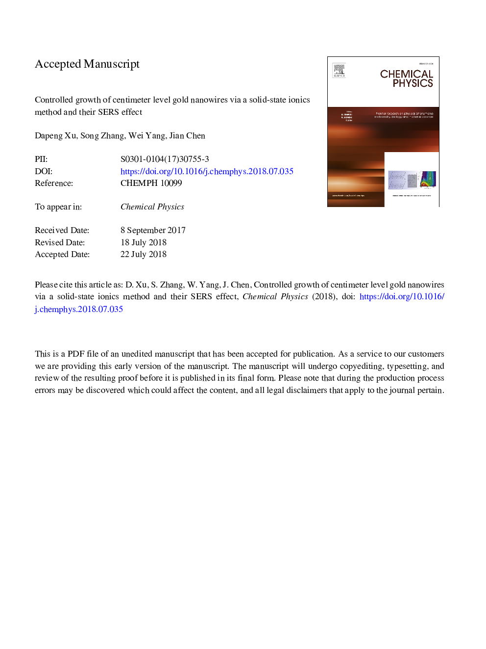 Controlled growth of centimeter level gold nanowires via a solid-state ionics method and their SERS effect