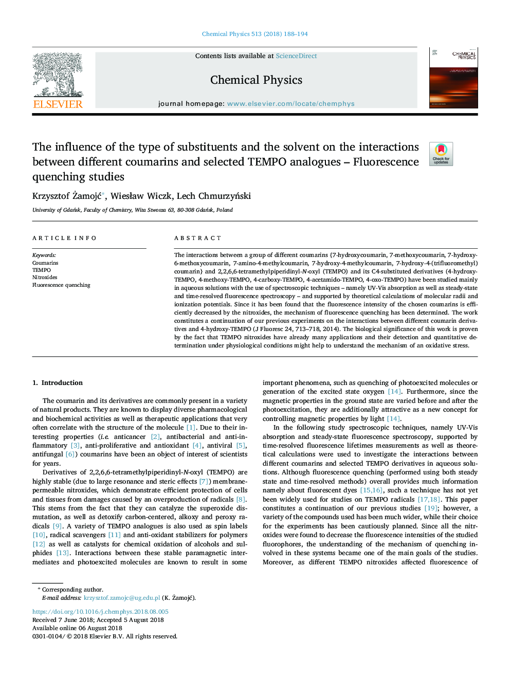 The influence of the type of substituents and the solvent on the interactions between different coumarins and selected TEMPO analogues - Fluorescence quenching studies