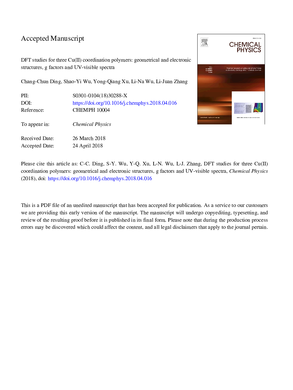 DFT studies for three Cu(II) coordination polymers: Geometrical and electronic structures, g factors and UV-visible spectra