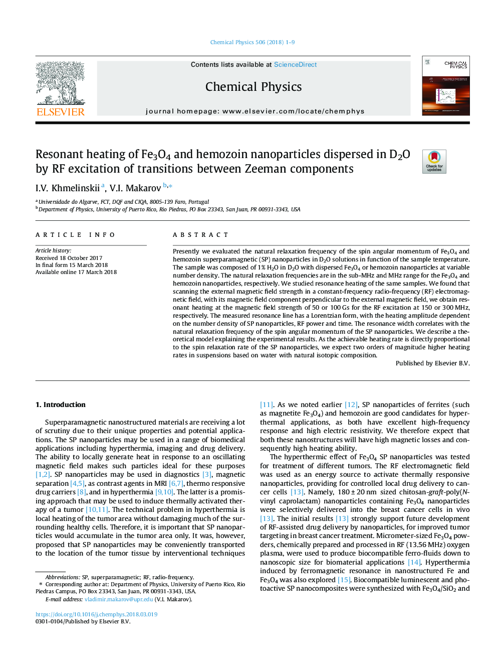 Resonant heating of Fe3O4 and hemozoin nanoparticles dispersed in D2O by RF excitation of transitions between Zeeman components