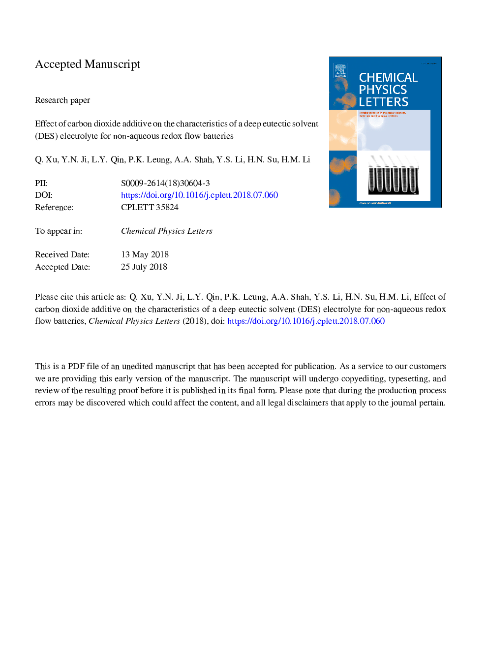 Effect of carbon dioxide additive on the characteristics of a deep eutectic solvent (DES) electrolyte for non-aqueous redox flow batteries