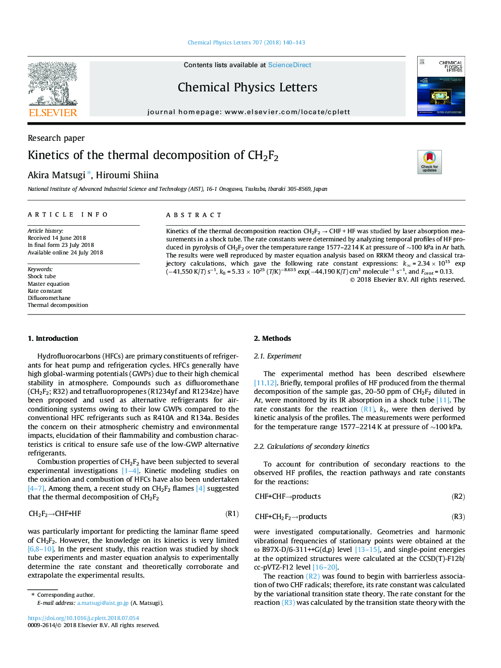 Kinetics of the thermal decomposition of CH2F2