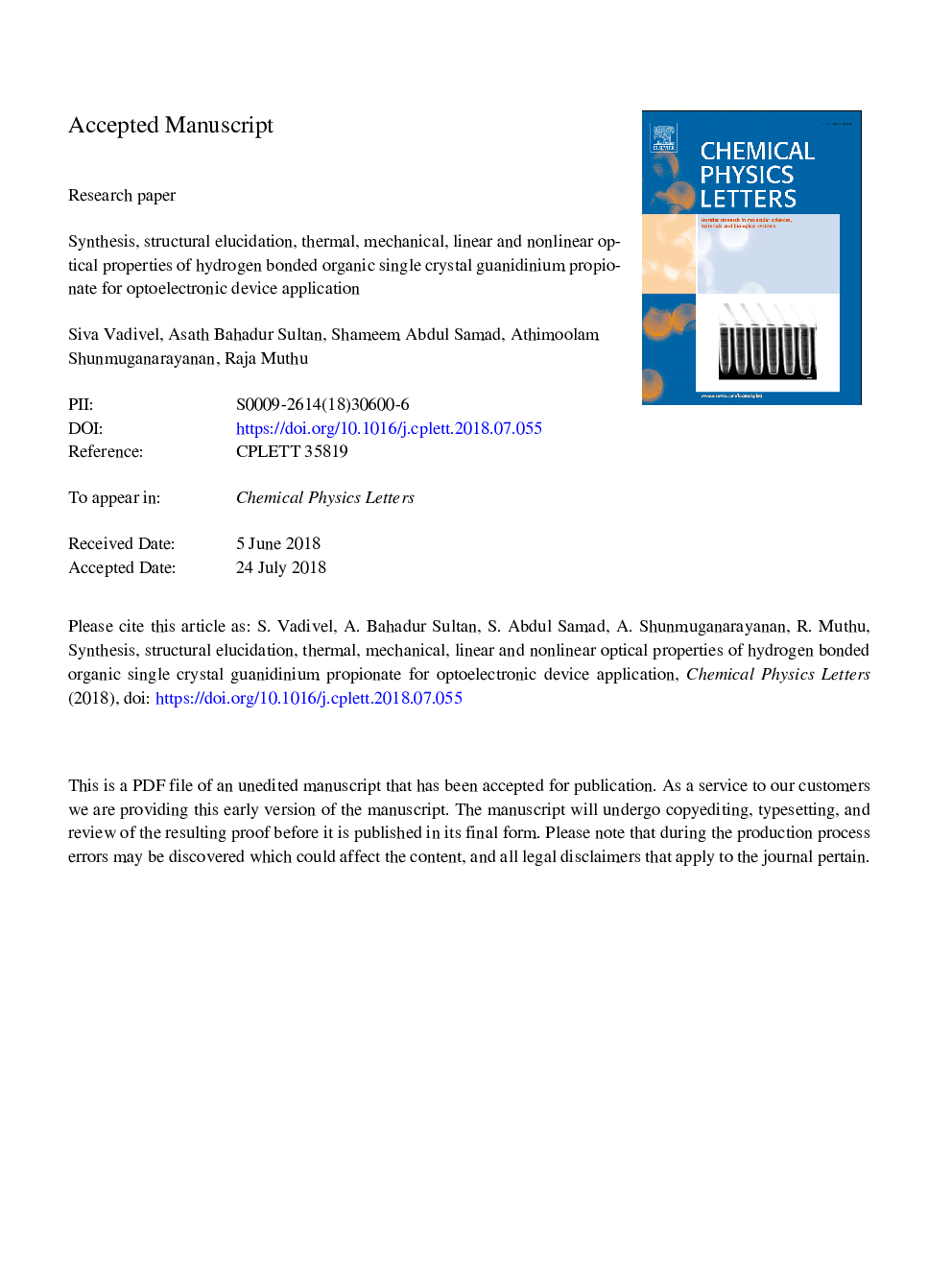 Synthesis, structural elucidation, thermal, mechanical, linear and nonlinear optical properties of hydrogen bonded organic single crystal guanidinium propionate for optoelectronic device application