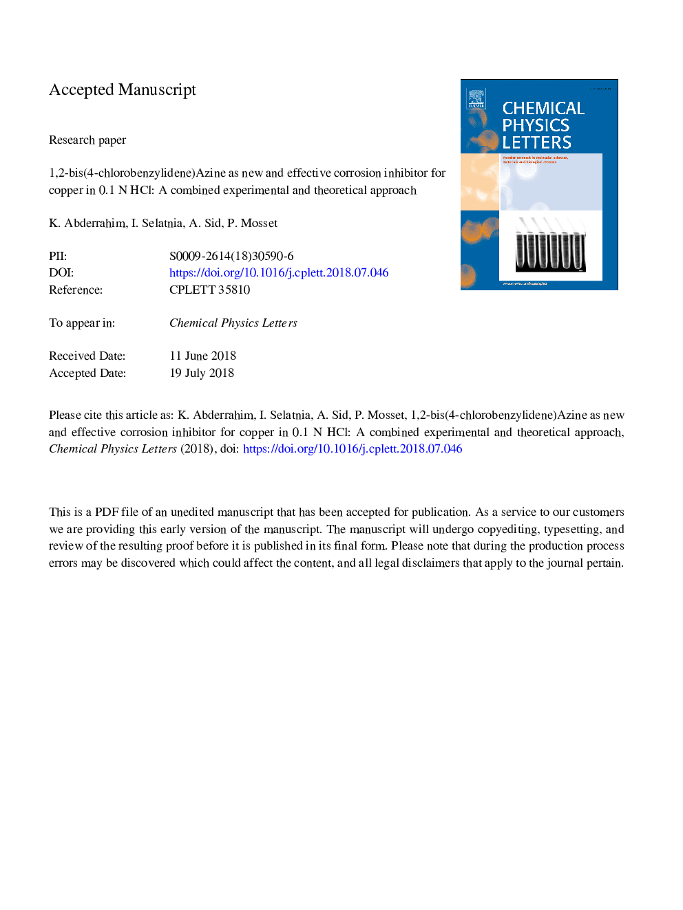 1,2-bis(4-chlorobenzylidene)Azine as new and effective corrosion inhibitor for copper in 0.1â¯N HCl: A combined experimental and theoretical approach