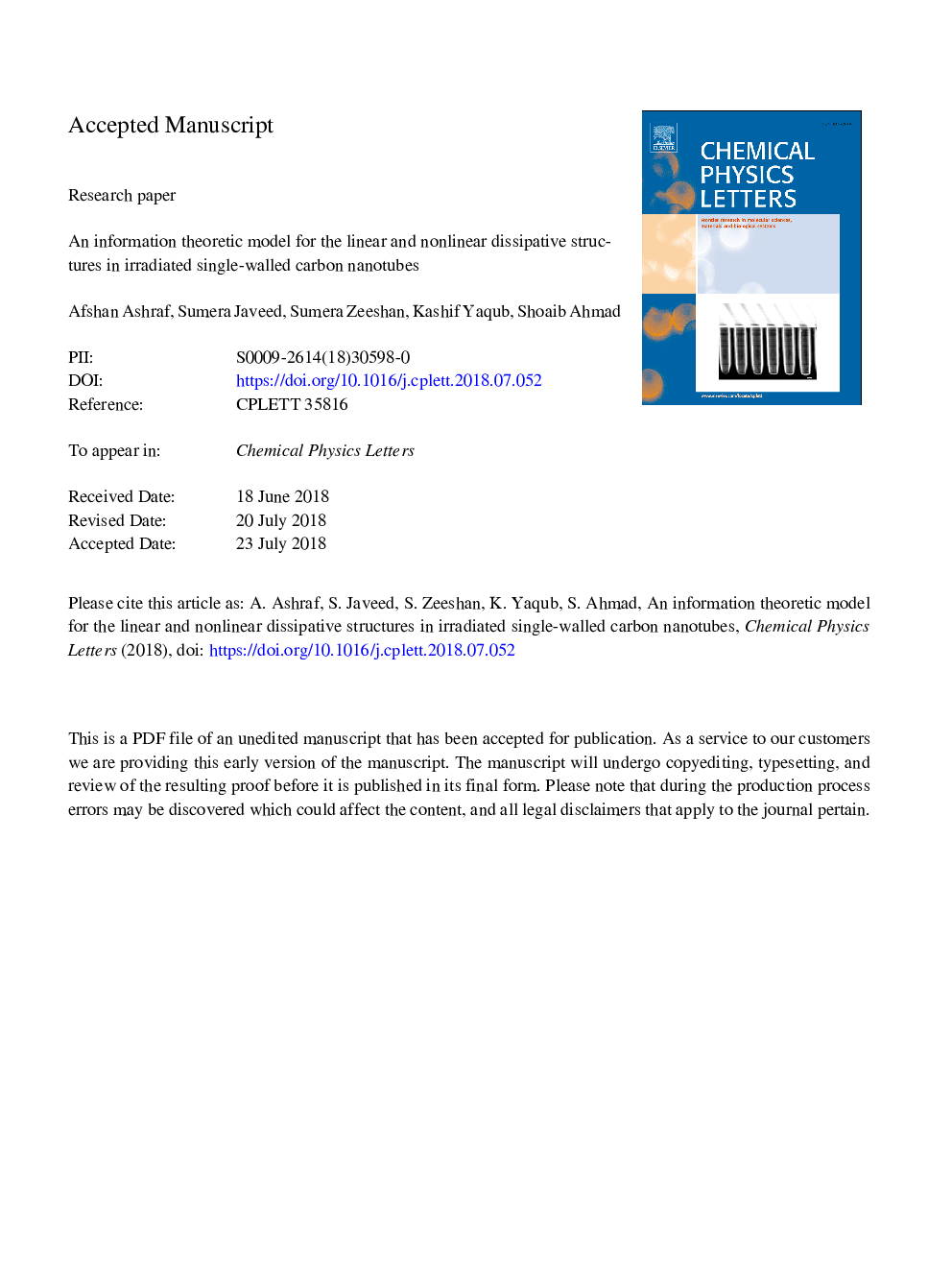 An information theoretic model for the linear and nonlinear dissipative structures in irradiated single-walled carbon nanotubes