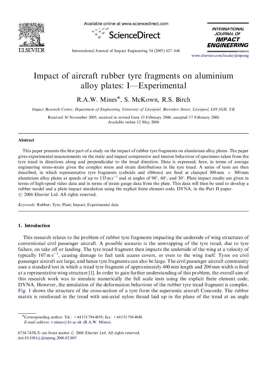 Impact of aircraft rubber tyre fragments on aluminium alloy plates: I—Experimental