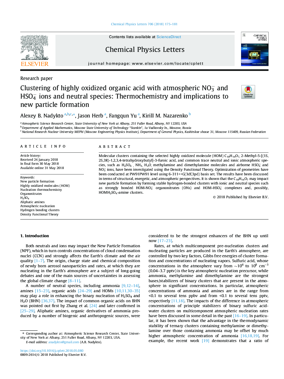 عکس صفحه اول مقاله: Clustering of highly oxidized organic acid with atmospheric NO3â and HSO4â ions and neutral species: Thermochemistry and implications to new particle formation Clustering of highly oxidized organic acid with atmospheric NO3â and HSO4â ions and neutral species: Thermochemistry and implications to new particle formation