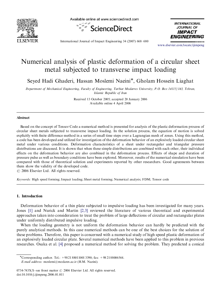 Numerical analysis of plastic deformation of a circular sheet metal subjected to transverse impact loading