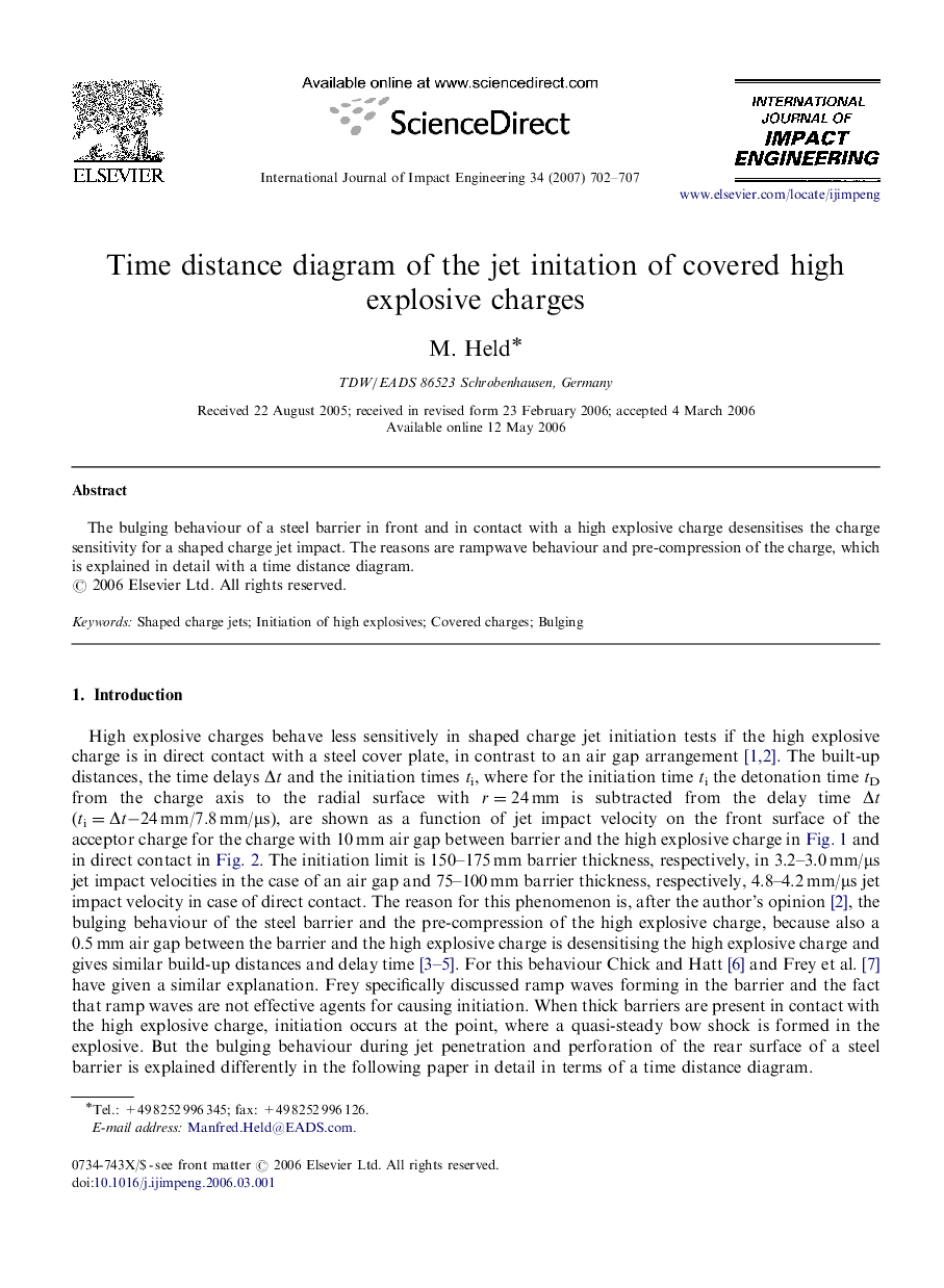 Time distance diagram of the jet initation of covered high explosive charges