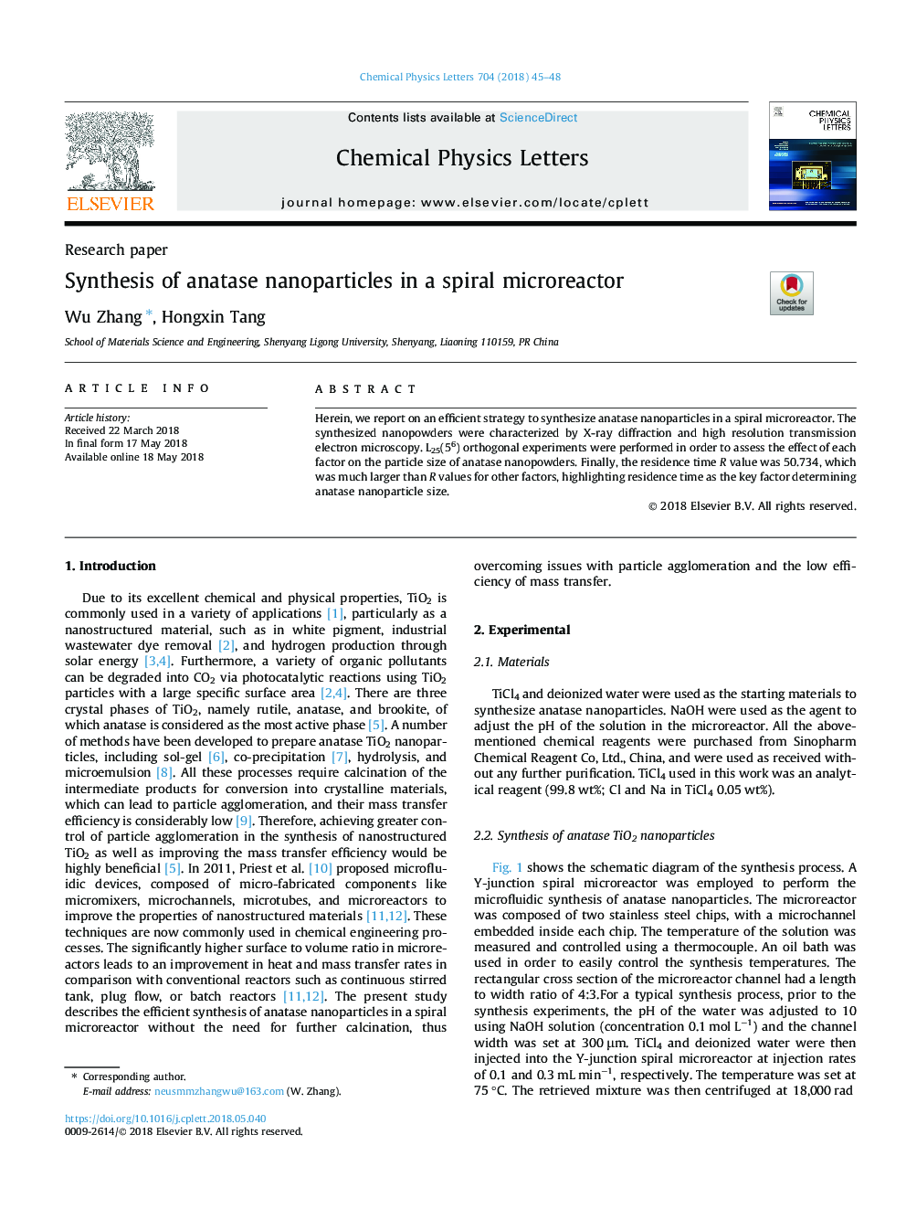 Synthesis of anatase nanoparticles in a spiral microreactor