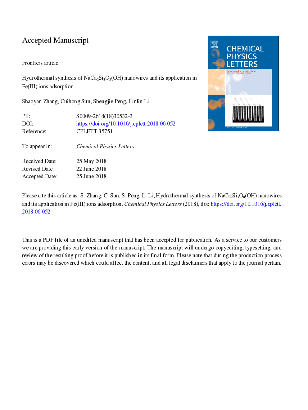 Hydrothermal synthesis of NaCa2Si3O8(OH) nanowires and its application in Fe(III) ions adsorption