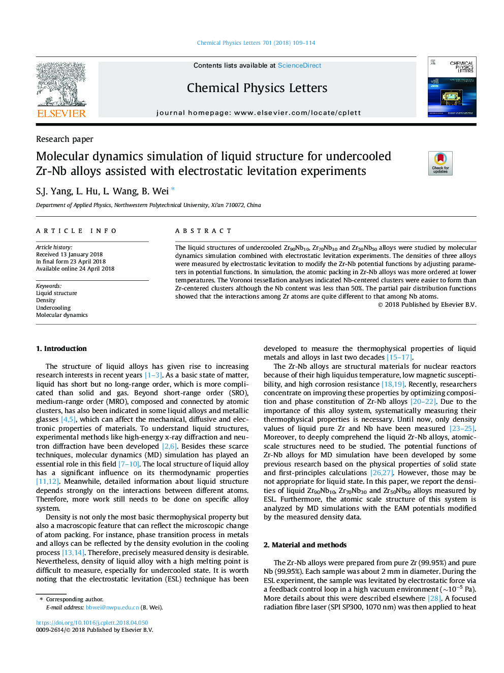 Molecular dynamics simulation of liquid structure for undercooled Zr-Nb alloys assisted with electrostatic levitation experiments