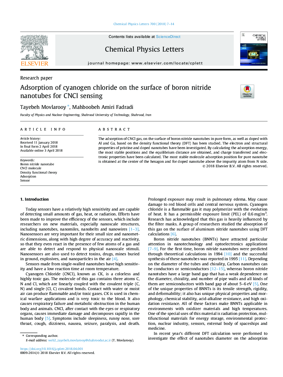 Adsorption of cyanogen chloride on the surface of boron nitride nanotubes for CNCl sensing