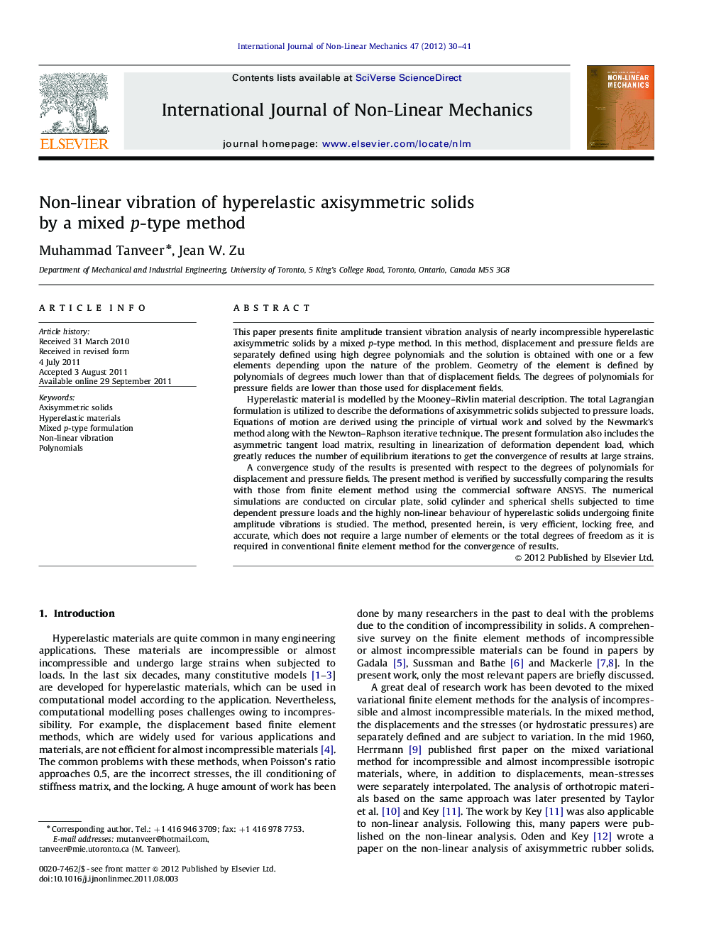 Non-linear vibration of hyperelastic axisymmetric solids by a mixed p-type method