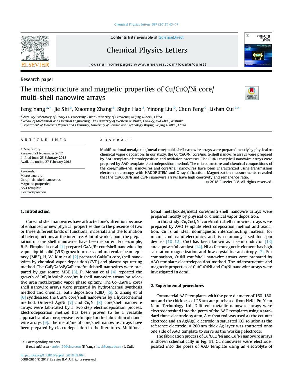 The microstructure and magnetic properties of Cu/CuO/Ni core/multi-shell nanowire arrays