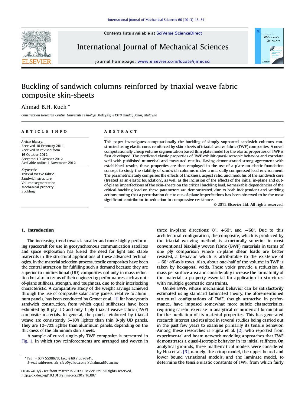 Buckling of sandwich columns reinforced by triaxial weave fabric composite skin-sheets