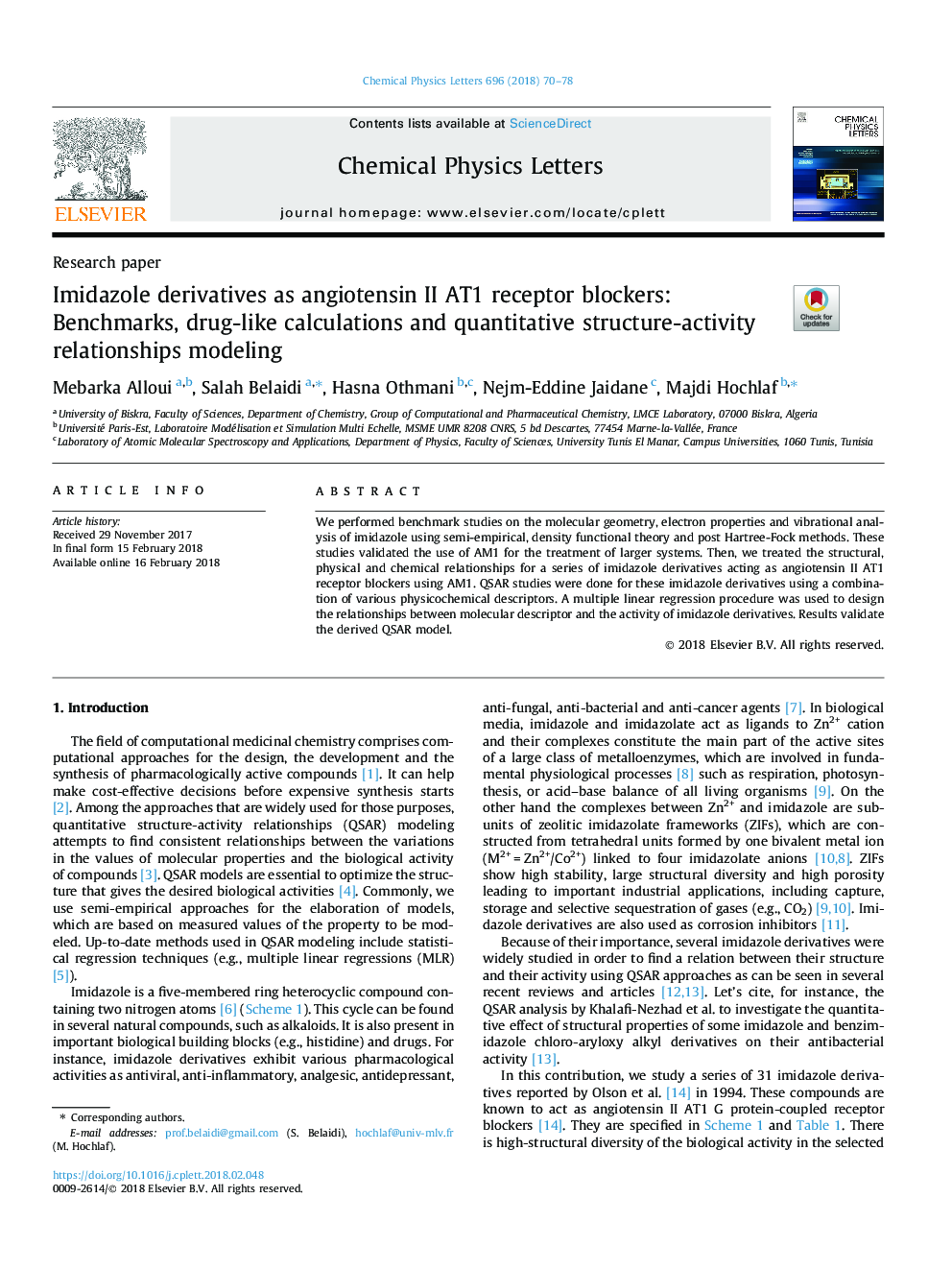 Imidazole derivatives as angiotensin II AT1 receptor blockers: Benchmarks, drug-like calculations and quantitative structure-activity relationships modeling