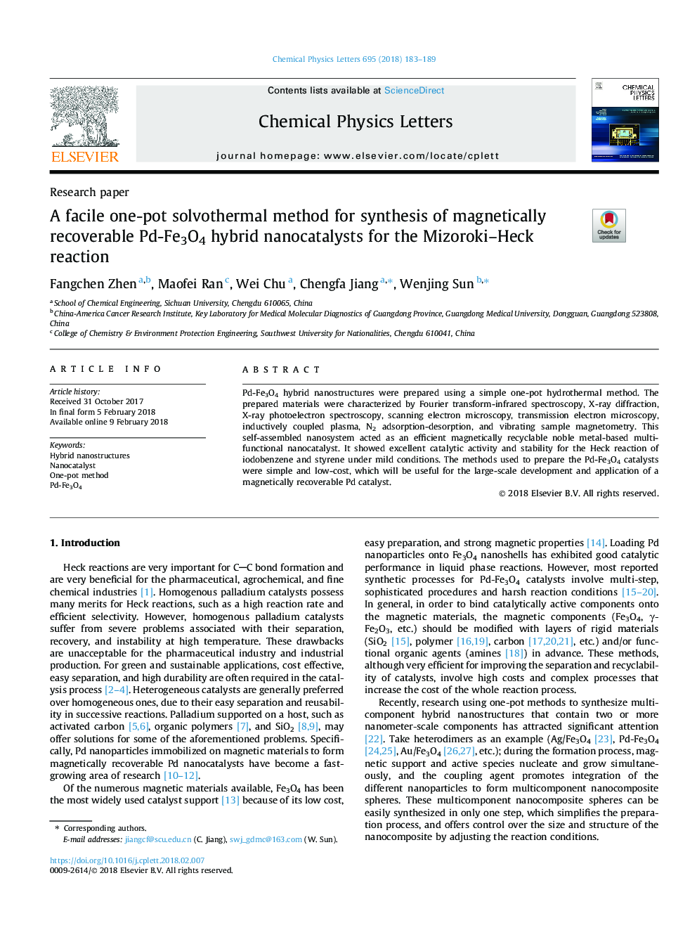 A facile one-pot solvothermal method for synthesis of magnetically recoverable Pd-Fe3O4 hybrid nanocatalysts for the Mizoroki-Heck reaction