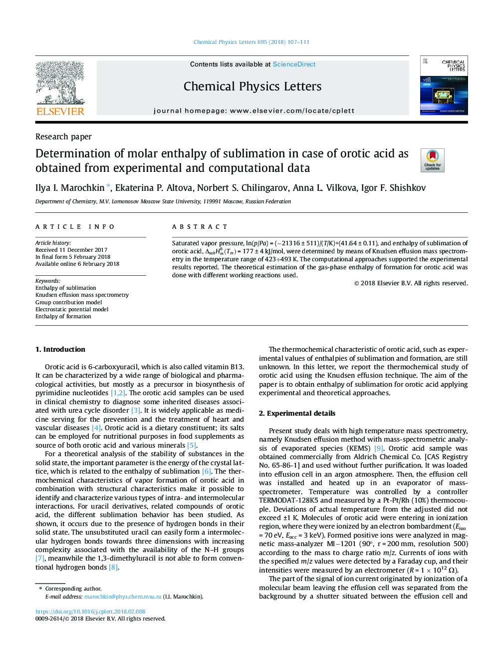 Determination of molar enthalpy of sublimation in case of orotic acid as obtained from experimental and computational data