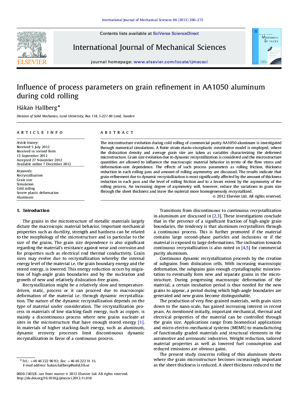 Influence of process parameters on grain refinement in AA1050 aluminum during cold rolling