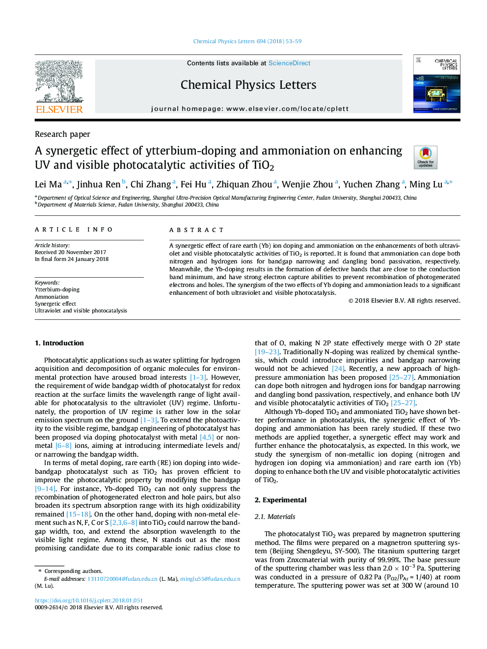 A synergetic effect of ytterbium-doping and ammoniation on enhancing UV and visible photocatalytic activities of TiO2