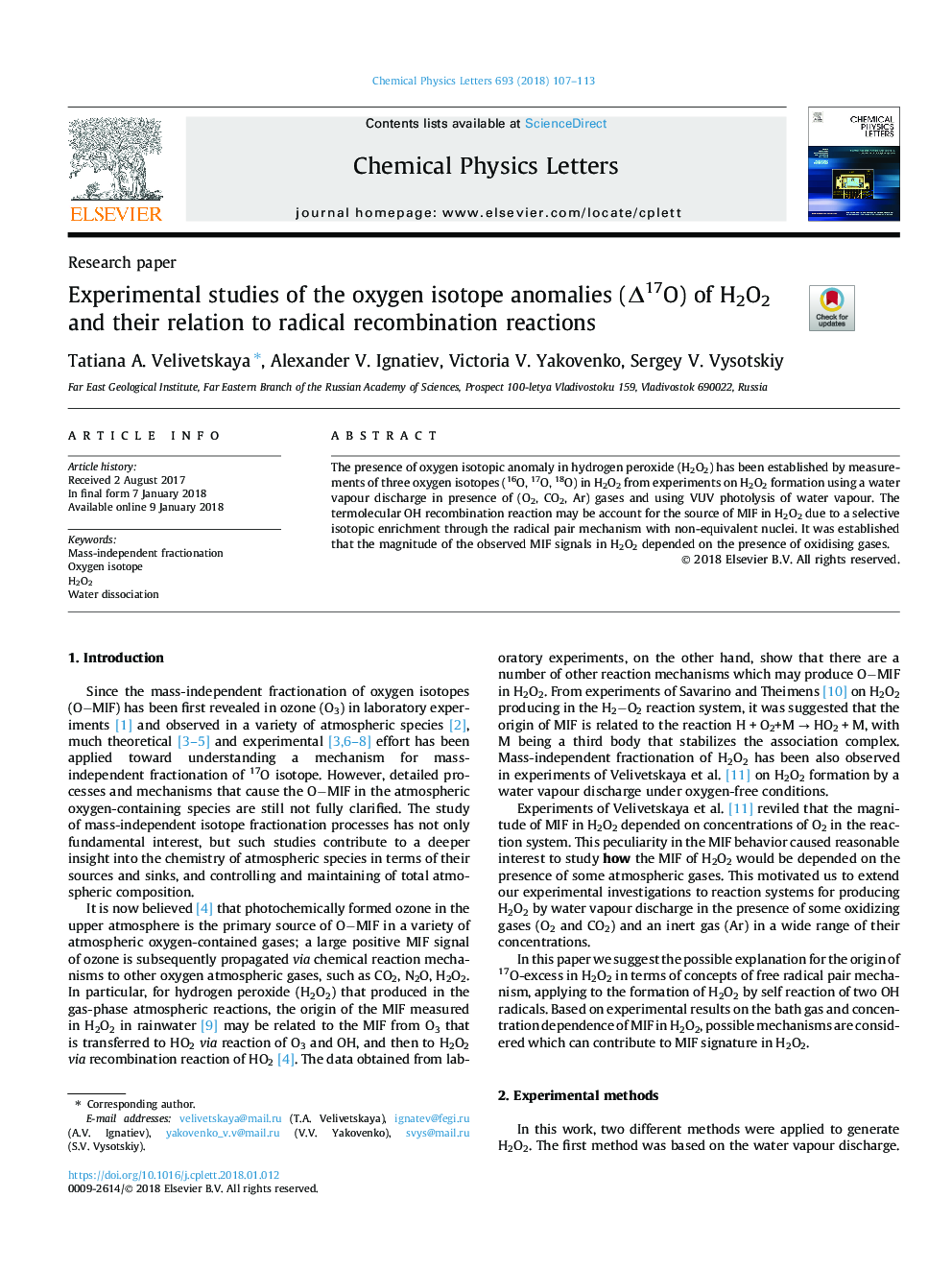 Experimental studies of the oxygen isotope anomalies (Î17O) of H2O2 and their relation to radical recombination reactions